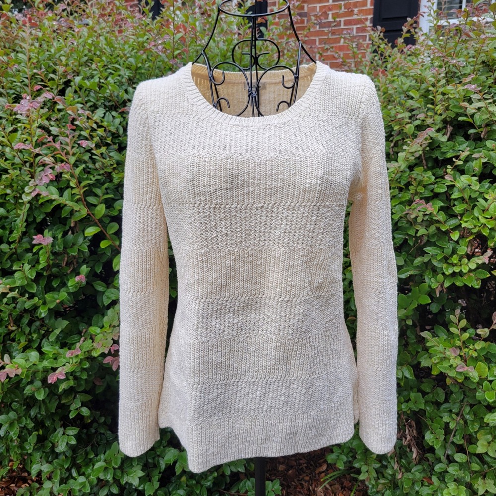 LL Bean S Sweater Ivory Cream Textured Chunky Knit Crew Neck Classic Fisherman